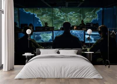 Three men in military uniforms are sitting at computer monitors in a dark room, military headquarters or command post Wall mural