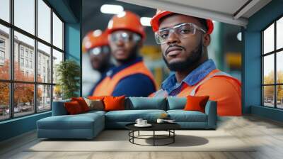 Three men wearing orange safety vests and hard hats stand together Wall mural