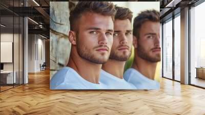 Three men with short hair and beards are standing next to each other Wall mural