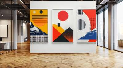 Three paintings of mountains and suns. Risograph effect, trendy riso style Wall mural