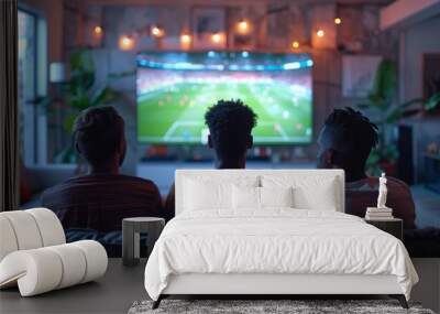 Three people are watching a soccer game on a large television, football on TV Wall mural