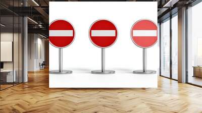 Three red and white no entry signs are standing on a white background, prohibition sign or symbol Wall mural