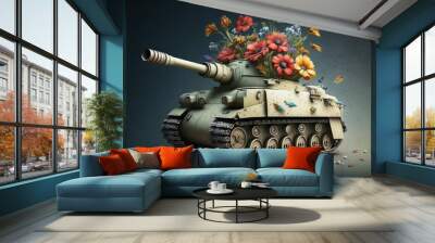 Toy tank and flowers. Peace concept background with selective focus and copy space. AI generated Wall mural