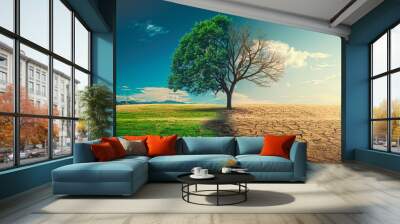 Tree in ecology and drought concept. Climate change and record heat. Background with selective focus Wall mural