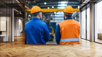 Two men wearing orange vests and hard hats stand in a large industrial building Wall mural