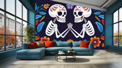 Two skeletons are holding hands in a colorful floral design Wall mural