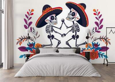 Two skeletons wearing sombreros are holding hands Wall mural