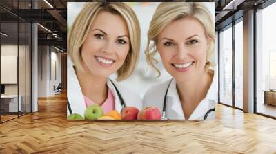 Two women wearing white lab coats and smiling while holding a basket of fruit Wall mural