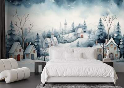 Winter in the village, holiday season postcard style illustration. Merry christmas and happy new year concept Wall mural