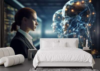 Woman opposite AI. The concept of confrontation between humanity and artificial intelligence Wall mural