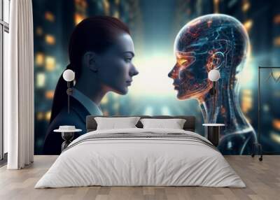 Woman opposite AI. The concept of confrontation between humanity and artificial intelligence Wall mural