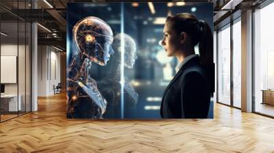 Woman opposite AI. The concept of confrontation between humanity and artificial intelligence Wall mural