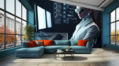 Woman robot secretary at work. Background with selective focus. AI generated, human enhanced Wall mural