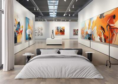 An art gallery with colorful abstract paintings on the walls and a sculpture in the foreground. Wall mural