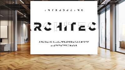 Architectural project font, technical draw style alphabet. Geometrical typography. Wireframe letters, typographic design with draft strokes for architecture logo and headline. Isolated vector typeset Wall mural