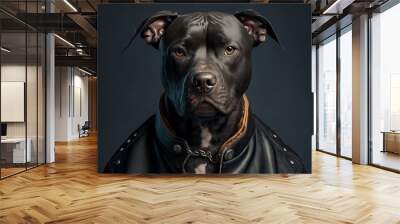 portrait of a black Pitbull dog wearing a black leather jacket, black background. Generative AI Wall mural