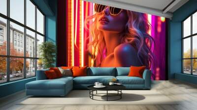 A beautiful blonde woman wearing sunglasses and an elegant outfit is posing in front of neon light, AI Generative Wall mural