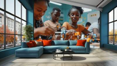 A group of children are playing with Legos in a classroom Wall mural