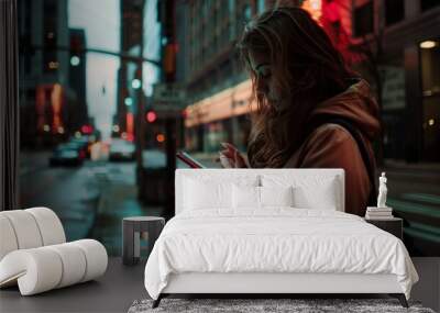 A woman is walking down a city street while looking at her cell phone Wall mural