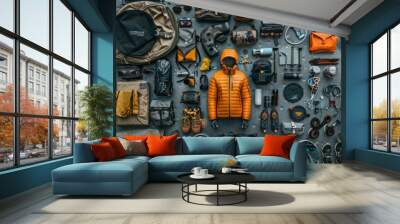 Design a top-down, meticulously organized layout of adventure gear and survival equipment, with a central figure in exploration attire, AI Generative Wall mural