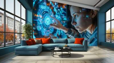 Interactive hologram: Person in an immersive augmented reality experience. Concept of futuristic technology integrated into global business networks., AI Generative Wall mural