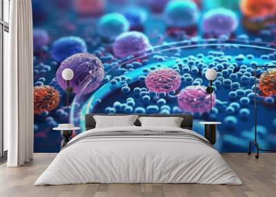 Macro close up shot of bacteria and virus cells in a scientific laboratory. Generative ai Wall mural