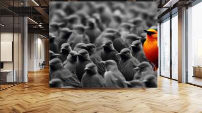 Standing out from the crowd , red bird standing between man black birds, Generative AI Wall mural