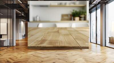 table desk in modern white and ligh wood kitchen, deailetd table, focus on table, blured background, minimalist, clean table, AI Generative Wall mural