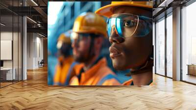 Three men wearing orange safety gear and yellow helmets are standing in a room Wall mural