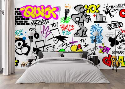 
rap music, graffiti street art style doodle set, vector design element Wall mural