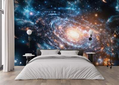 A futuristic image of the universe filled with stars and galaxies, all connected by glowing digital circuits and binary code, symbolizing computer control over the cosmos. Wall mural