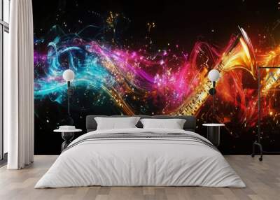 A glowing symphony of colors emerging from futuristic musical instruments, each note releasing waves of light that dance and shift in the air. Wall mural