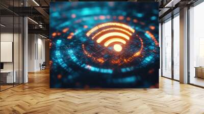 A glowing wireless network symbol floating in the air with holographic effects, representing futuristic connectivity. Wall mural