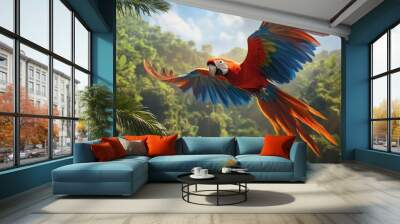 A parrot flying through the sky in a lush jungle setting, its colorful wings spread wide as it soars above the trees. Wall mural