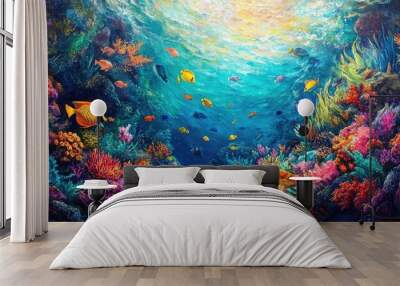 A vibrant coral reef teeming with colorful fish swimming through crystal-clear water, surrounded by sea plants and marine life Wall mural