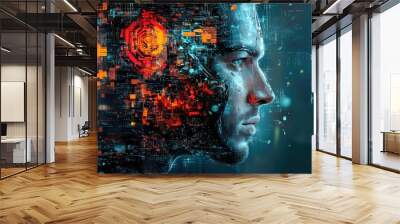 An abstract, futuristic portrait where half of the face is human, and the other half is a blend of digital and mechanical components, representing ArtCog intelligence. Wall mural