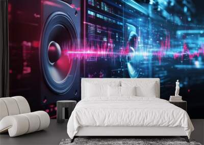 An engaging image of a digital sound wave equalizer transitioning into a high-tech speaker, illustrating the journey of sound from digital form to auditory experience Wall mural