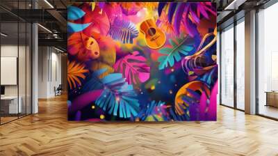 Brightly colored tropical leaves floating in a swirling motion, with abstract instruments and dancers forming a vibrant and festive music festival scene Wall mural