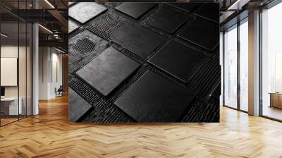 Dark industrial wallpaper with carbon fiber texture and strong metal grid lines for a futuristic aesthetic Wall mural