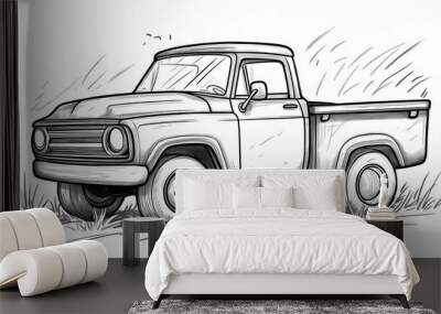 Simple Fun Line Art of a Retro Truck Design Wall mural