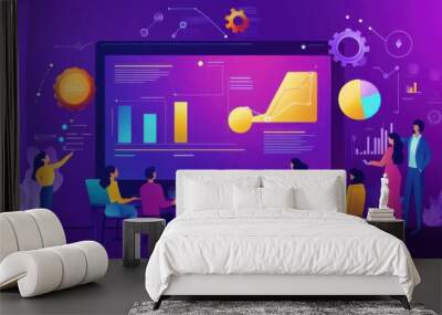 Team Meeting Illustration with Data Visualization Elements Wall mural