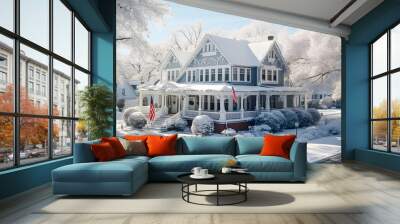 A house with the American flag in a winter landscape. Wall mural