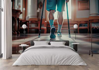 An athlete's knee injury. Recovery by walking with crutches. Wall mural