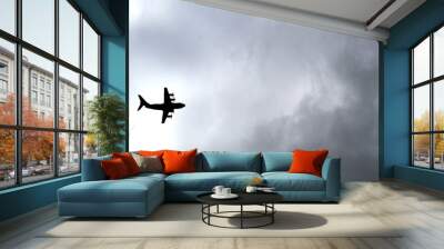 Cargo plane taking off or landing under cloud covered sky Wall mural