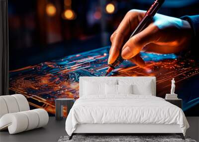 Human hand repairing electronic circuits. Wall mural