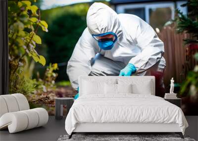 Scientific police working in the field in white protective suit. Wall mural