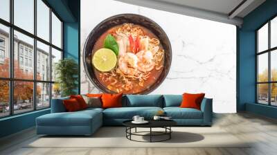 Spicy instant noodles soup with shrimp Wall mural