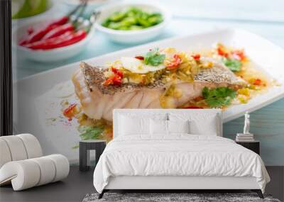 Steamed Grouper Fish Fillet with Chili Lime Sauce in lime dressing Wall mural