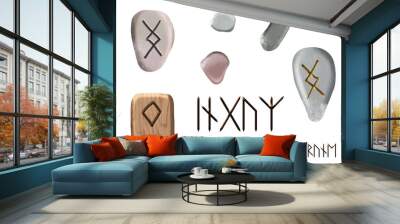 Set of inguz magic german runes Elder Futhark on wooden block and stones isolated on white background Wall mural