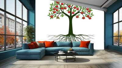 Green Spring Tree with Roots and fruits. Vector Illustration. Wall mural